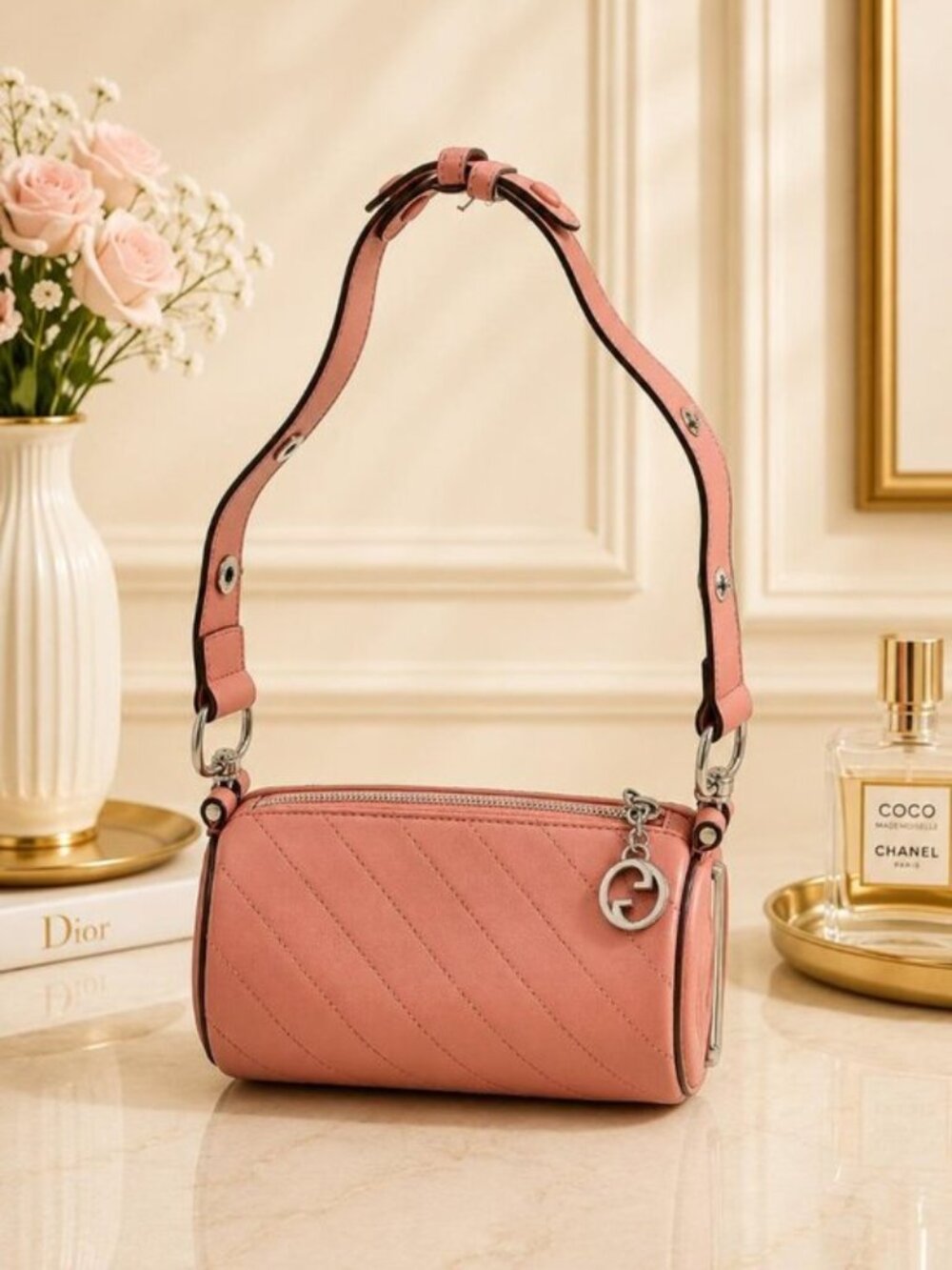 Authentic Gucci Pink Leather Mini Shoulder Bag Pochette GG Charm